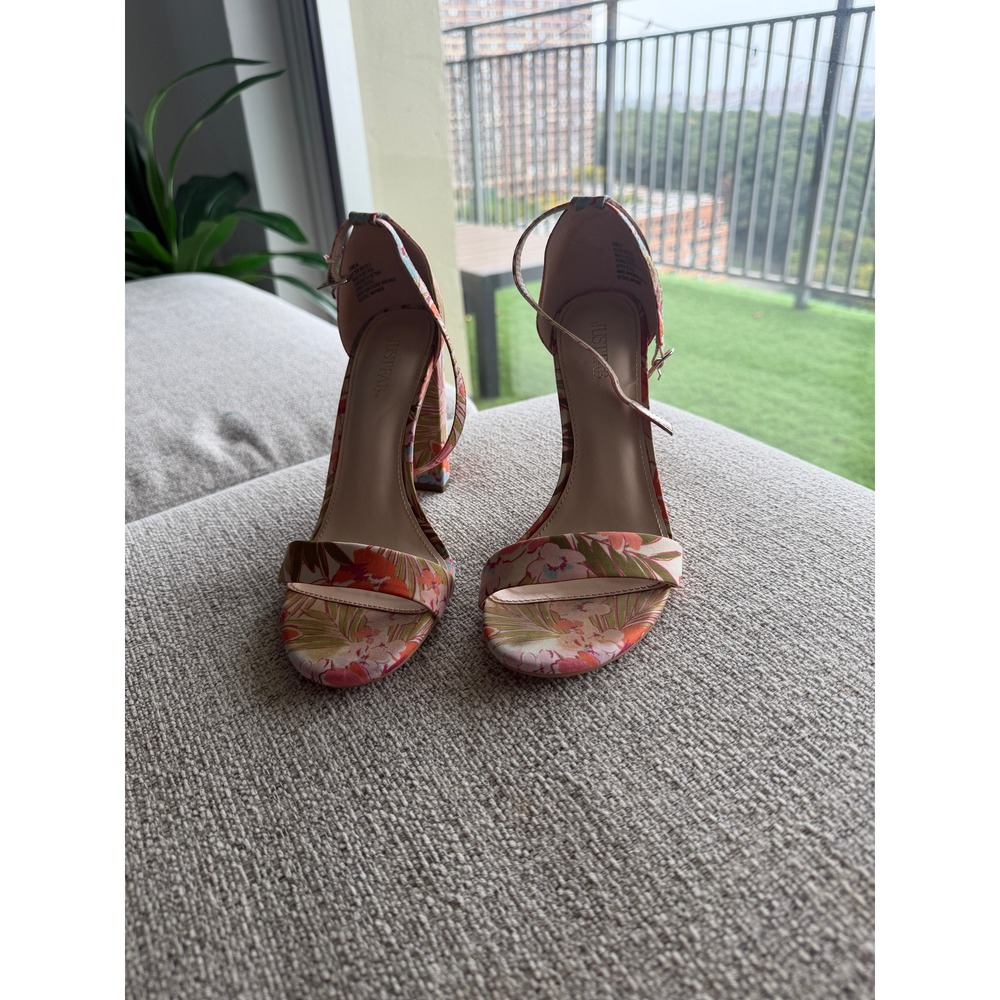 JustFab Lorelai Floral Block Heel Sandals Ankle Strap Pink Orange Blue Size 7